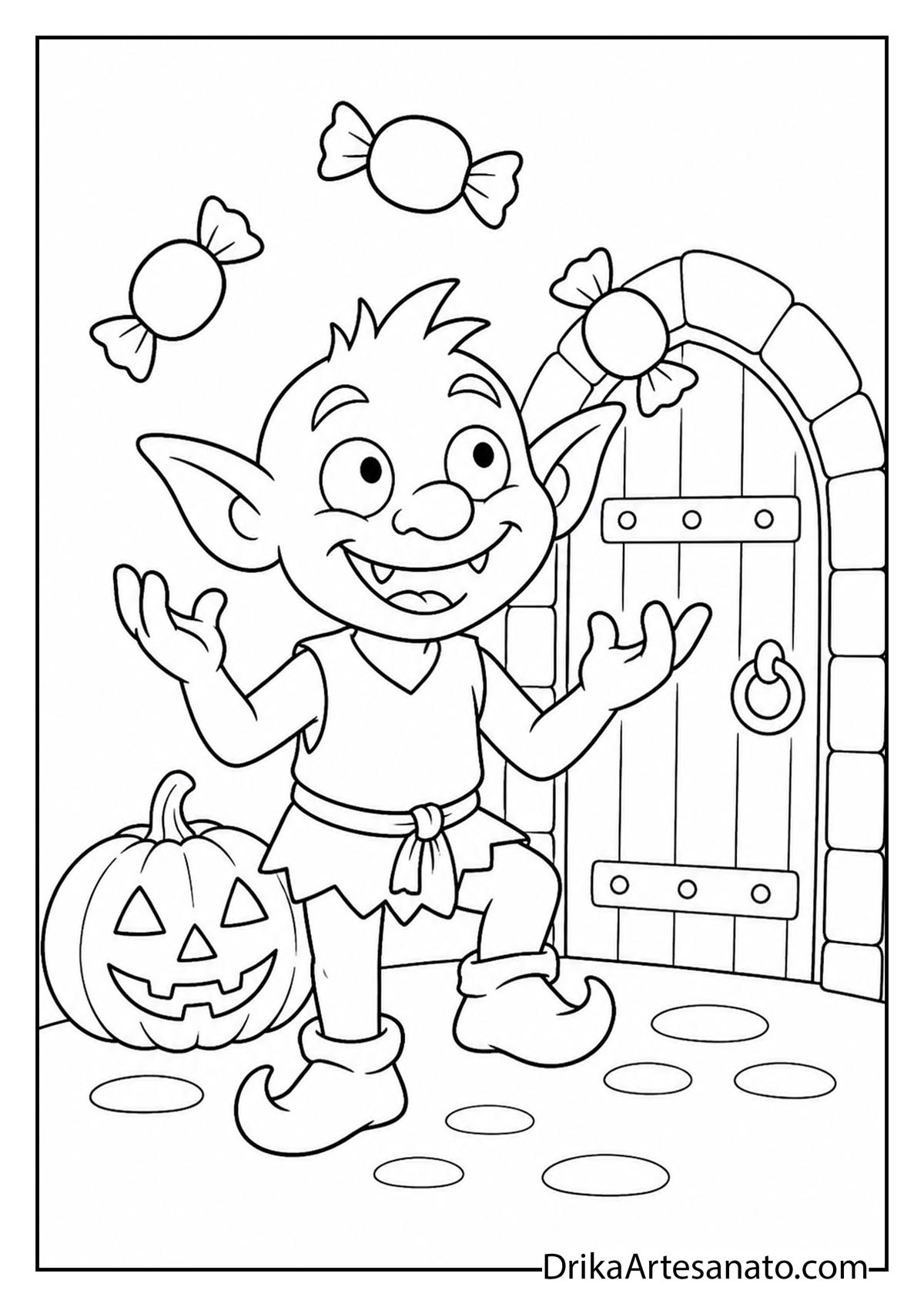 Cheerful little goblin juggling sweet treats near a door printable coloring sheet