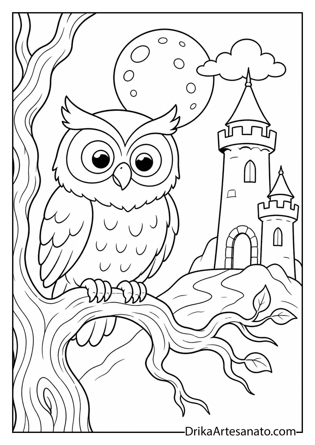 Cute cartoon owl perched on a tree branch near a castle under full moon to color