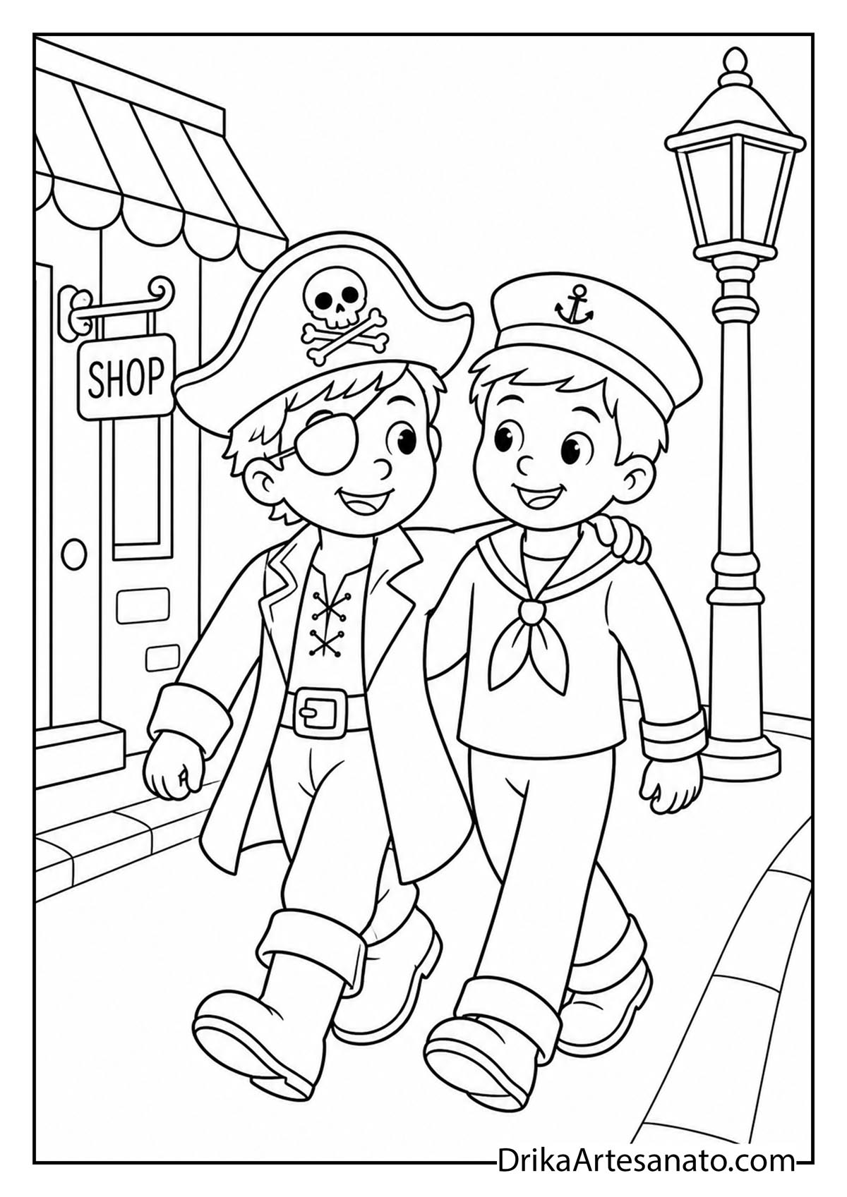 Two boys dressed as pirate and sailor walking together coloring printable