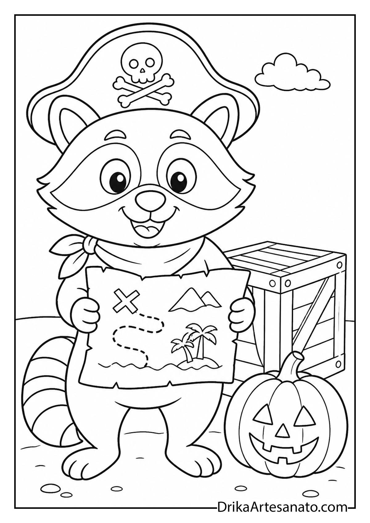Cute raccoon dressed as a pirate holding a treasure map printable coloring sheet