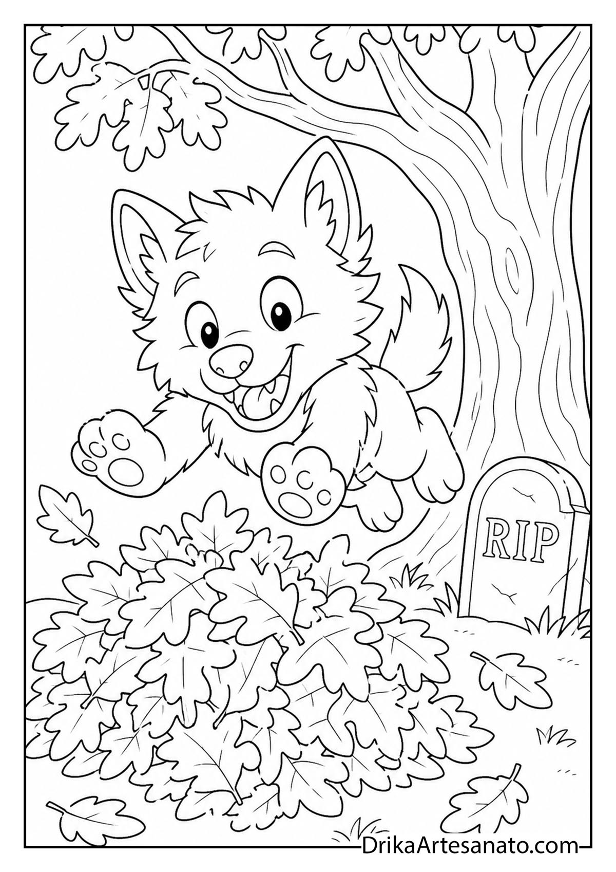 Playful werewolf pup leaping into a pile of fall leaves coloring page