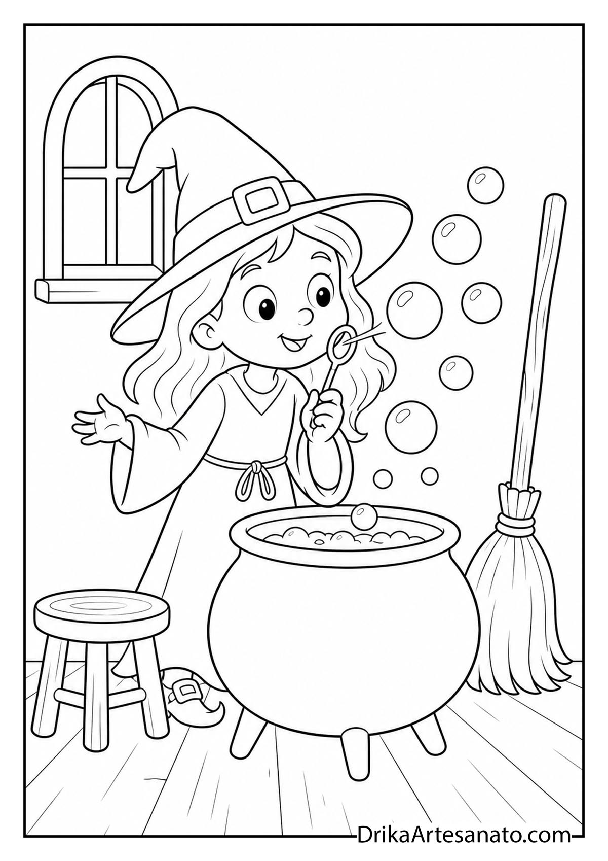 Smiling witch blowing bubbles from a magic cauldron indoor coloring sheet
