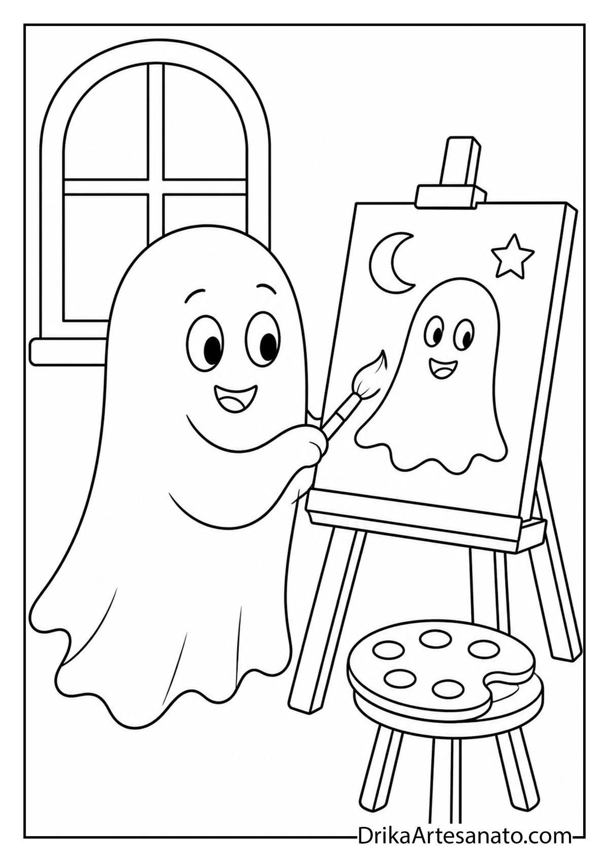 Artistic cartoon ghost painting a canvas on an easel indoors coloring printable