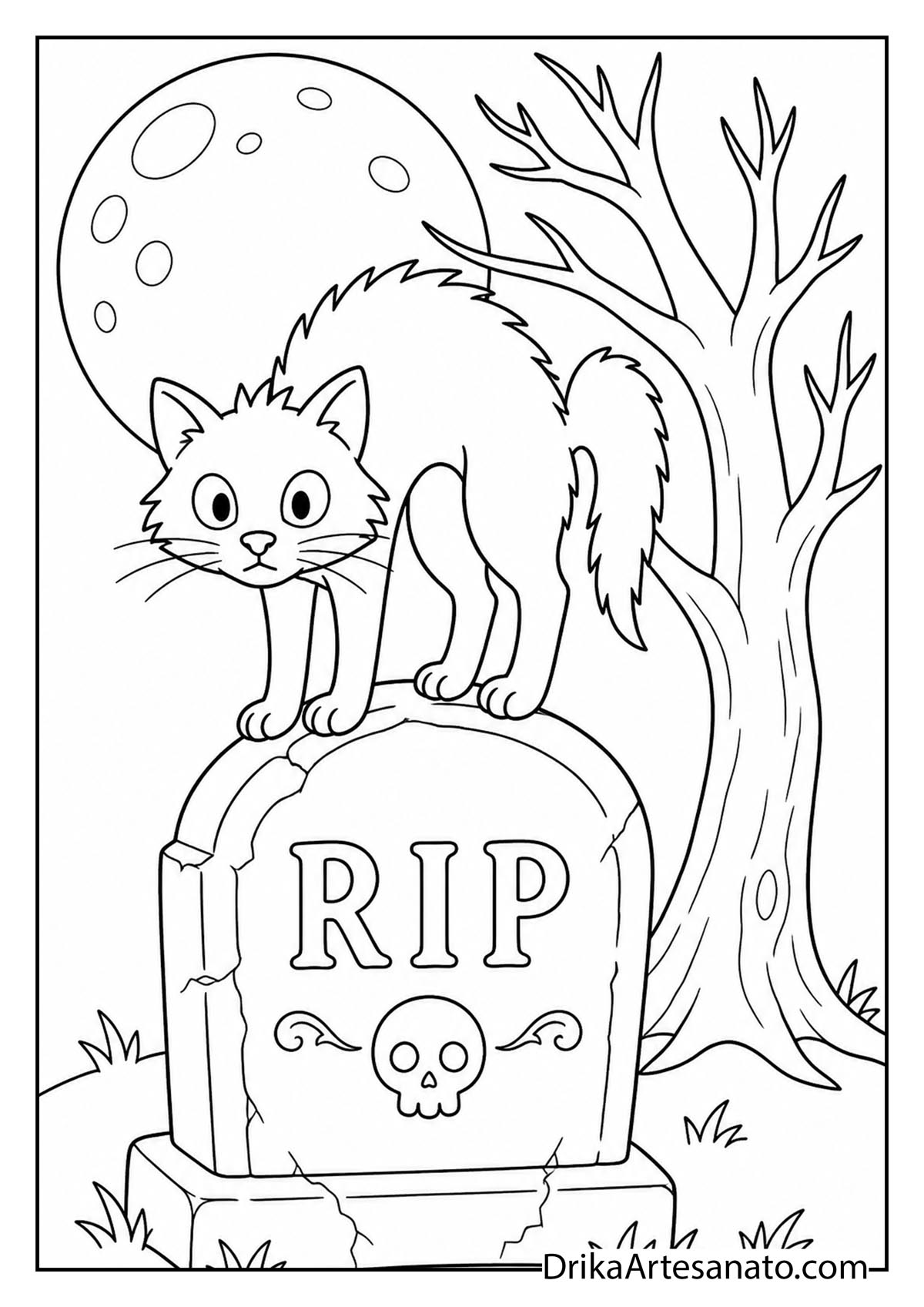 Spooky cat with arched back standing on an RIP tombstone under the full moon to color