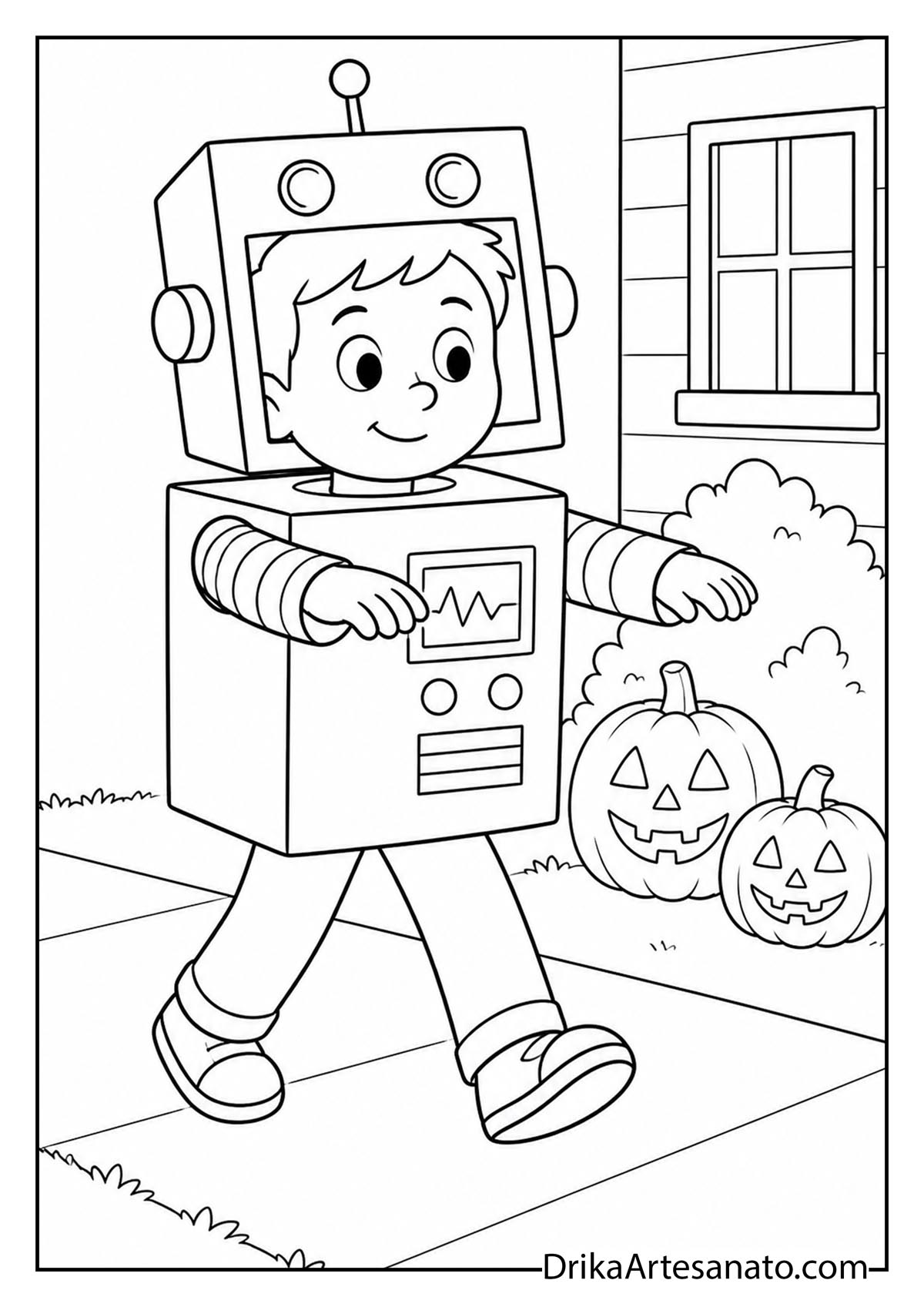 Boy wearing cardboard robot costume walking near pumpkins coloring page