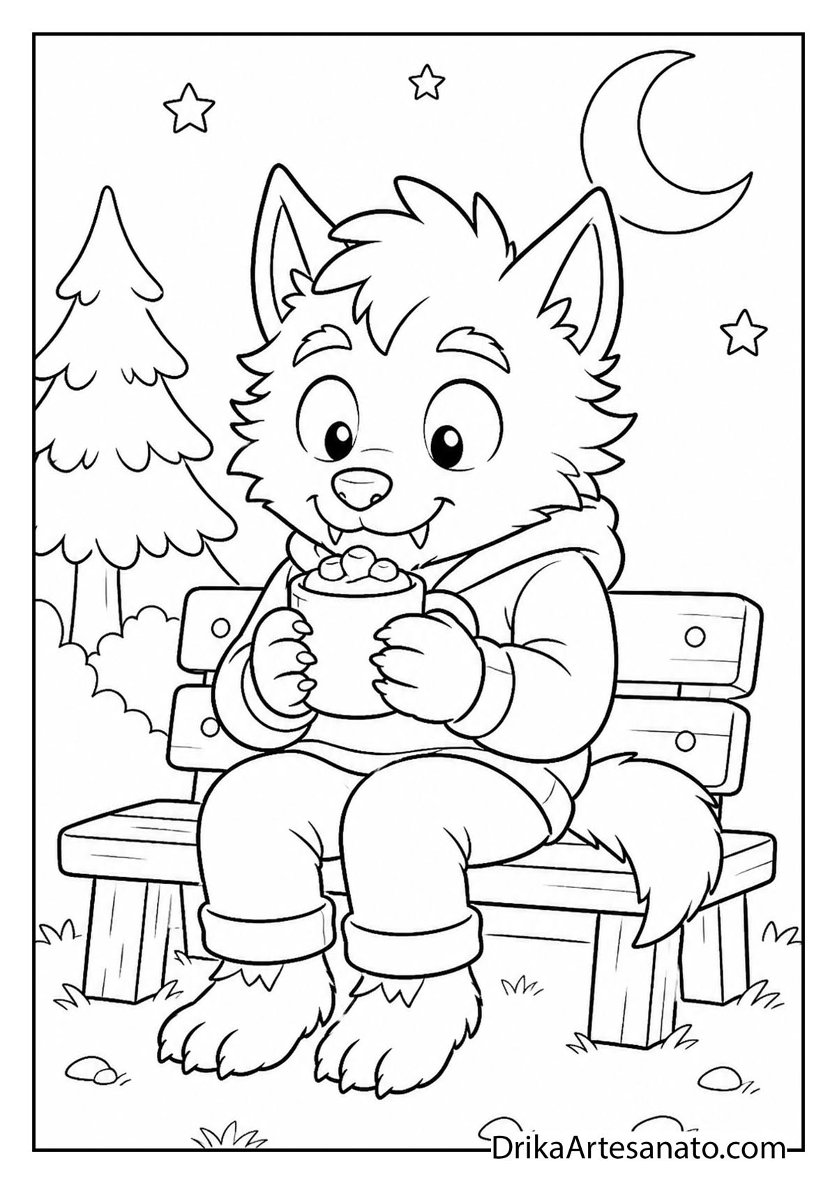 Werewolf pup drinking hot cocoa on a park bench at night coloring sheet