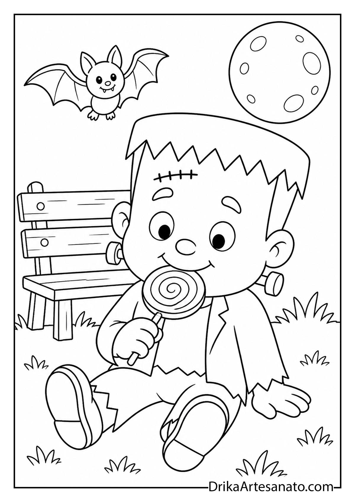 Baby Frankenstein monster eating a lollipop on grass line art coloring page