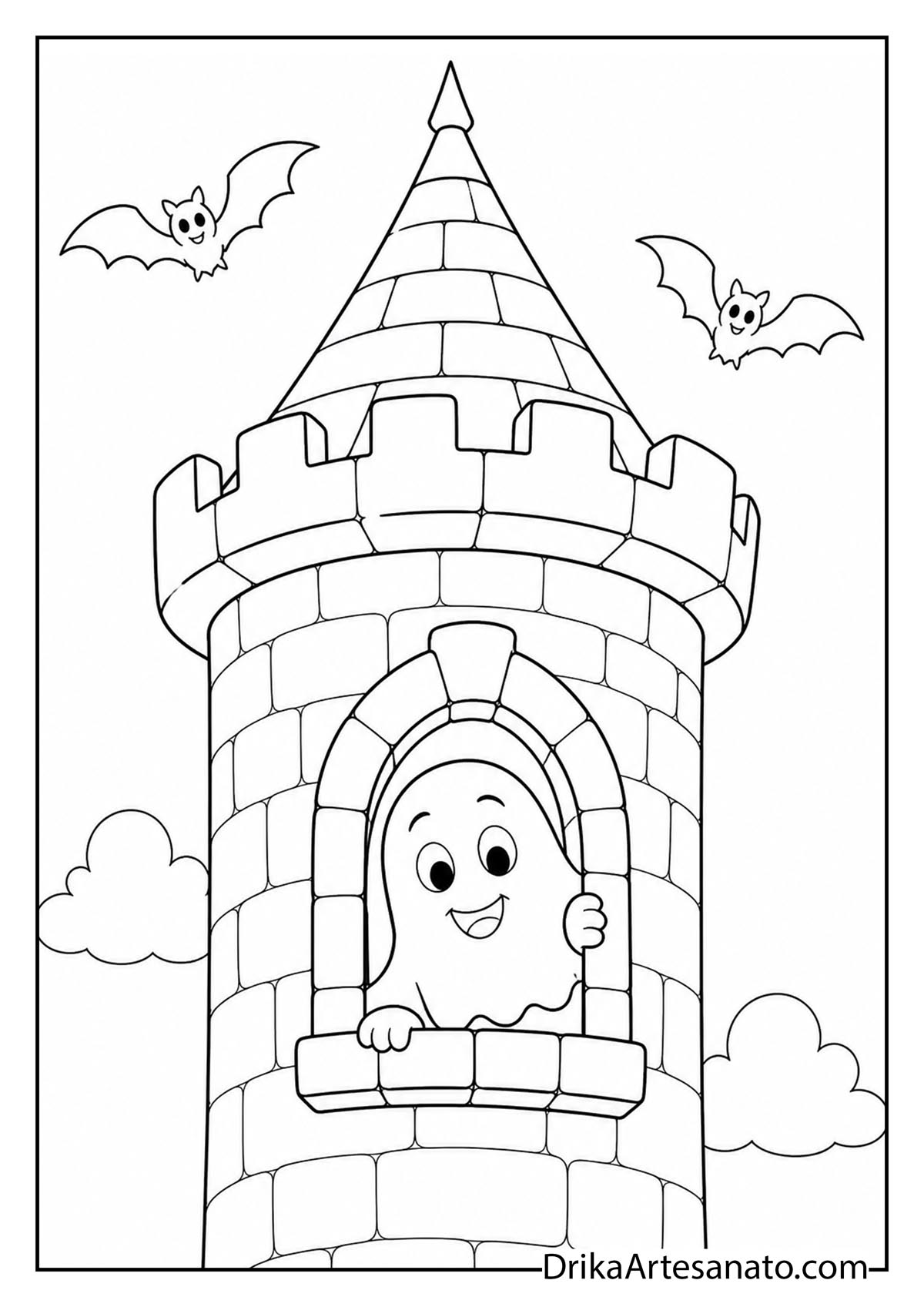 Cute ghost peeking out of a stone castle tower window with bats coloring sheet