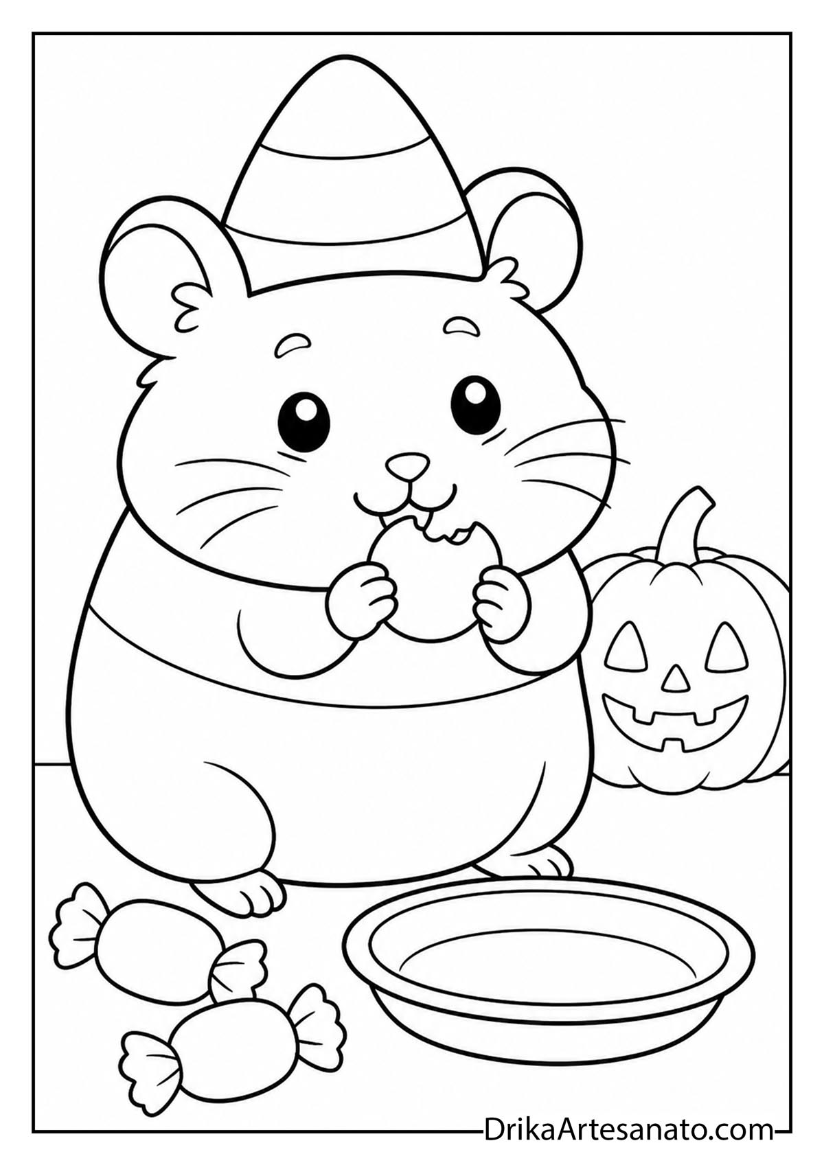 Chubby hamster wearing a candy corn hat nibbling a treat line art coloring page