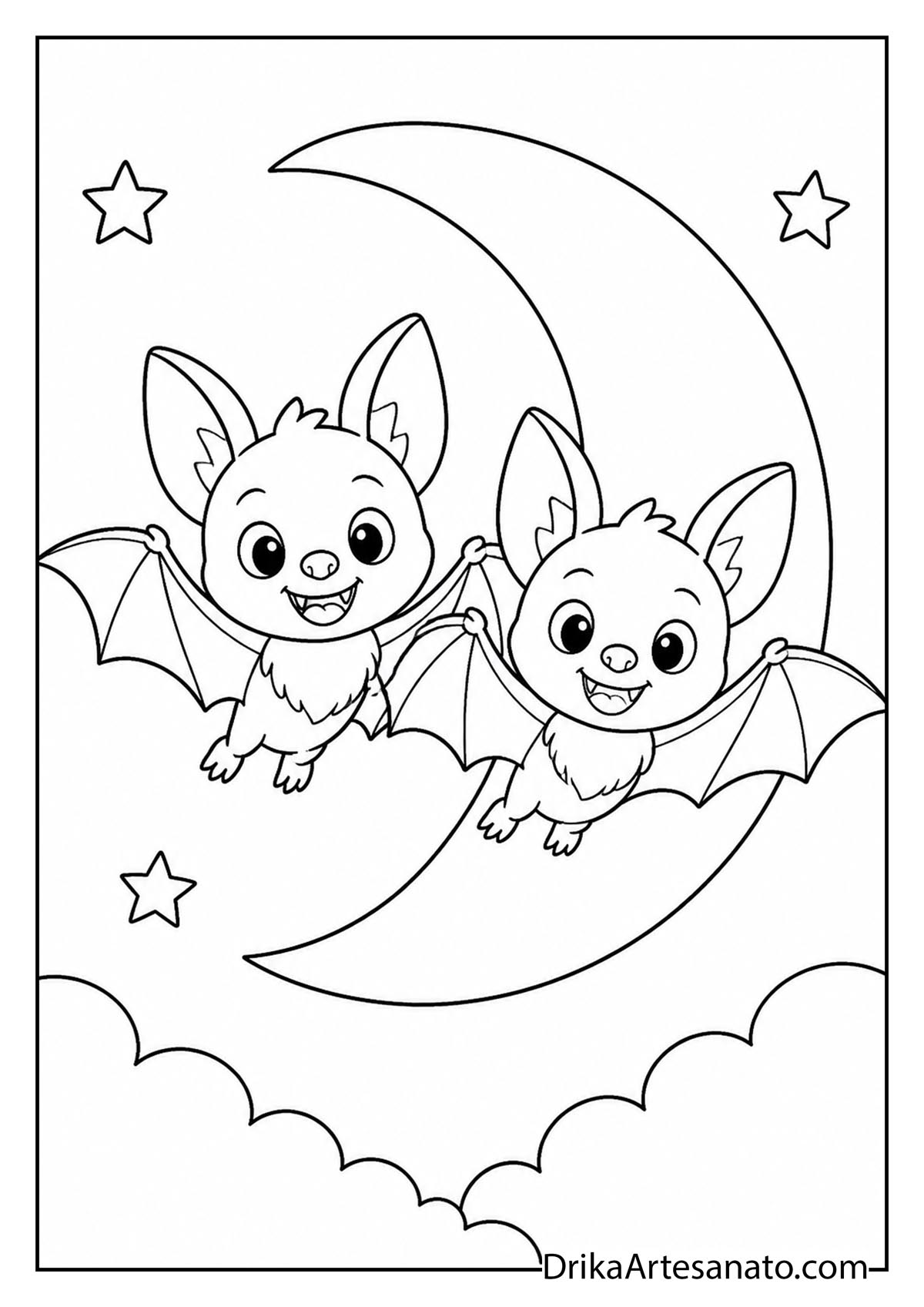 Two cute bats flying together beside a crescent moon coloring sheet