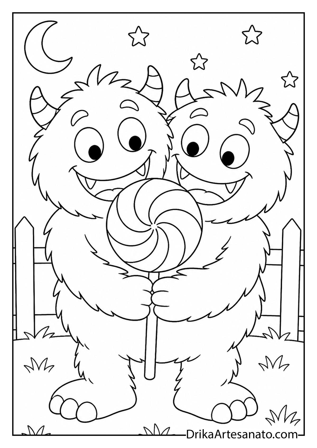 Cute two-headed monster holding a giant lollipop under a starry sky coloring page