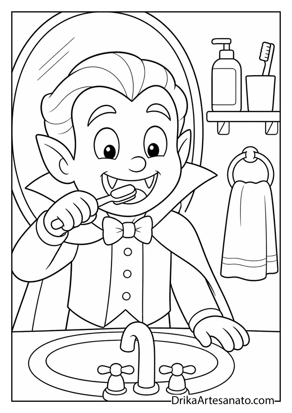 Cute cartoon vampire boy brushing his sharp fangs in front of a bathroom mirror coloring sheet