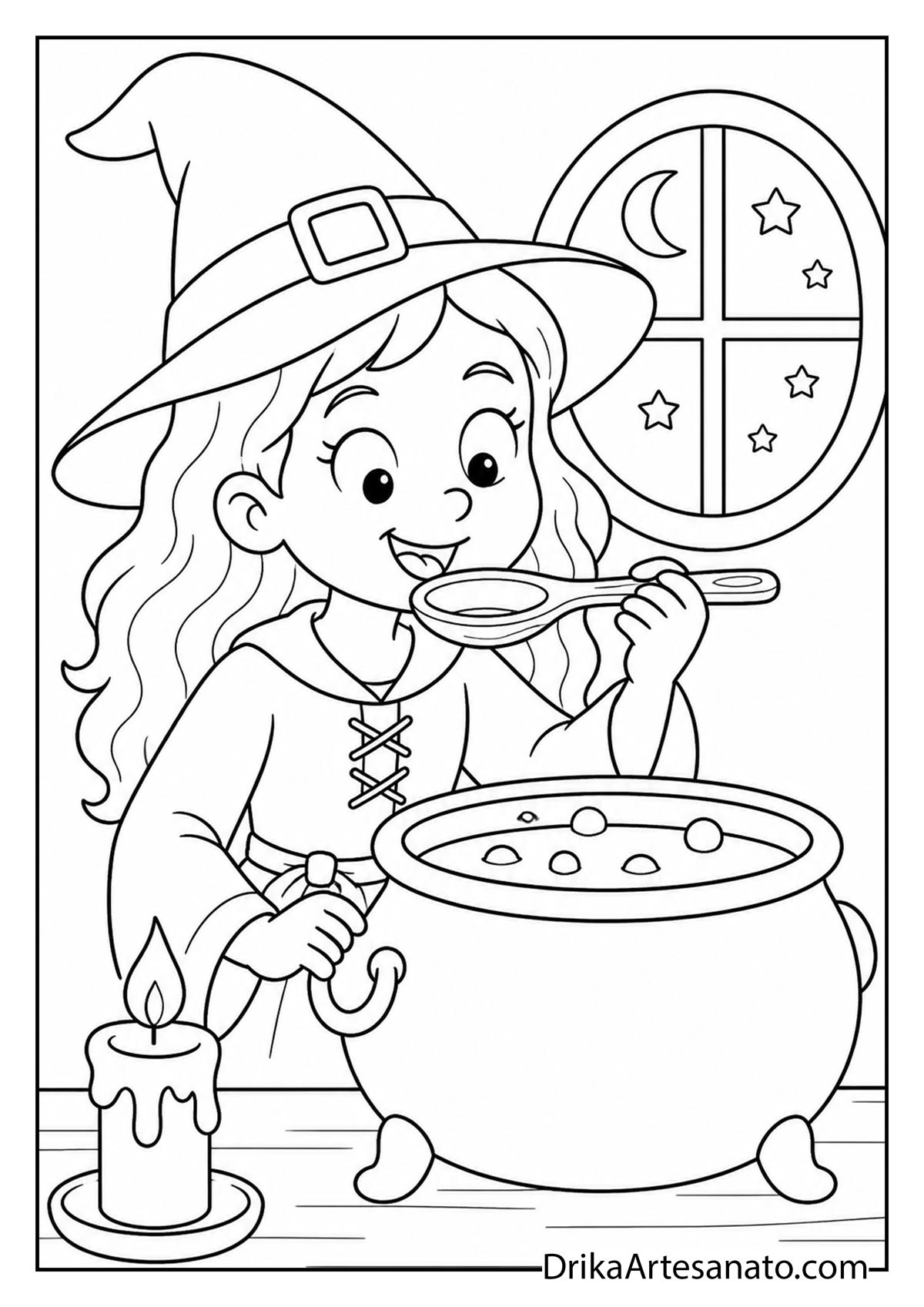 Cute witch tasting potion from a big wooden spoon by candlelight to color