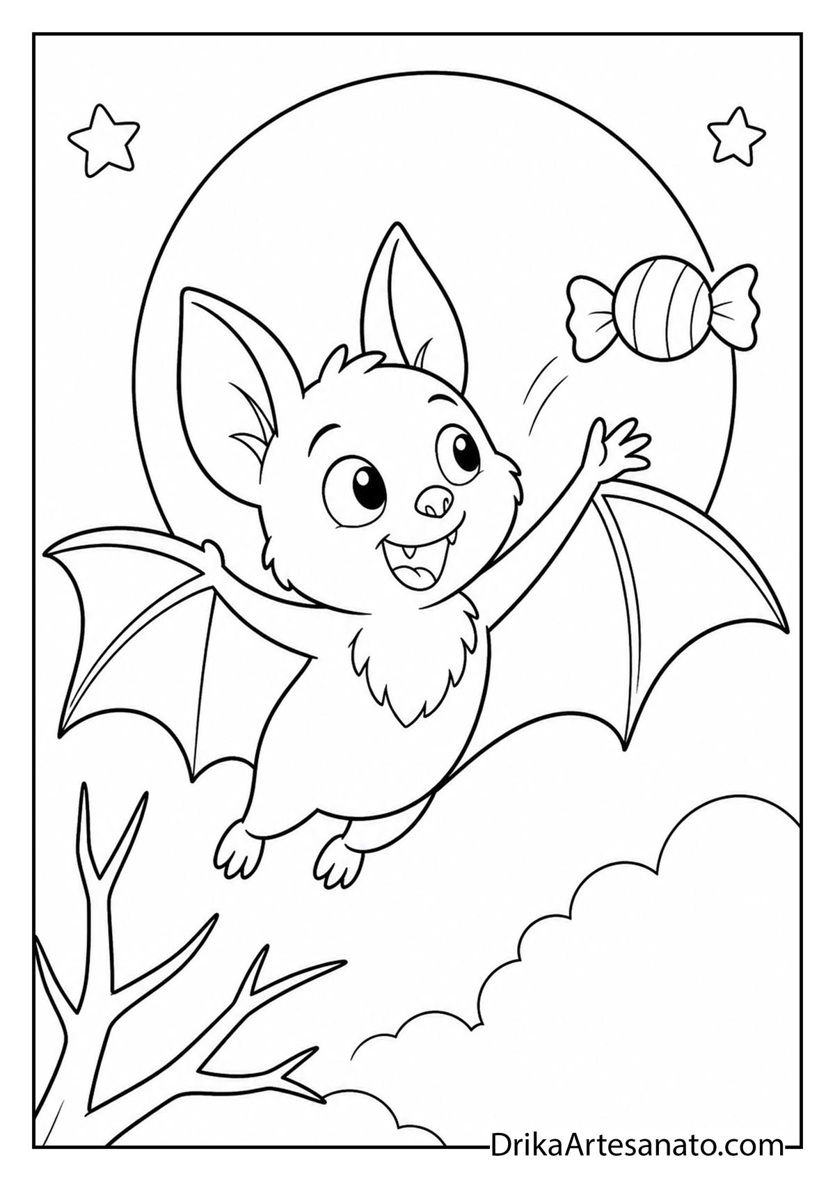 Cute cartoon bat catching flying candy under the full moon coloring page