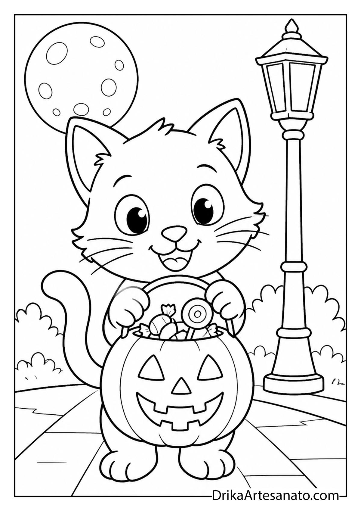 Kitten holding a jack-o-lantern candy bucket on a sidewalk under a streetlamp coloring sheet