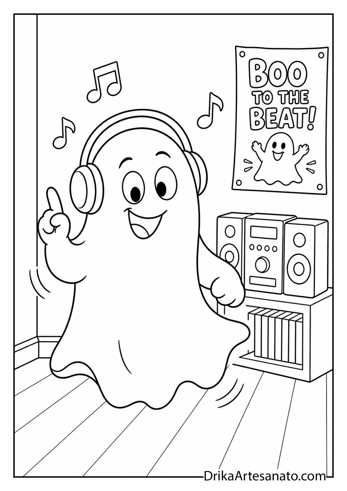 Joyful ghost wearing headphones dancing beside a stereo system coloring sheet