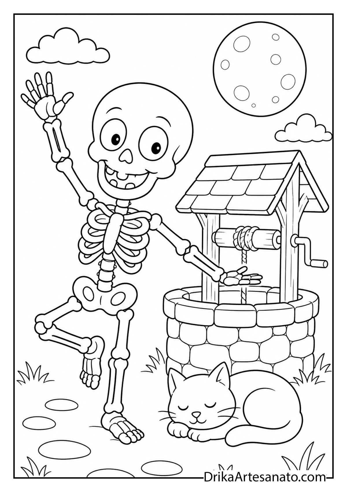Friendly skeleton dancing beside a wishing well and sleeping cat line art to color
