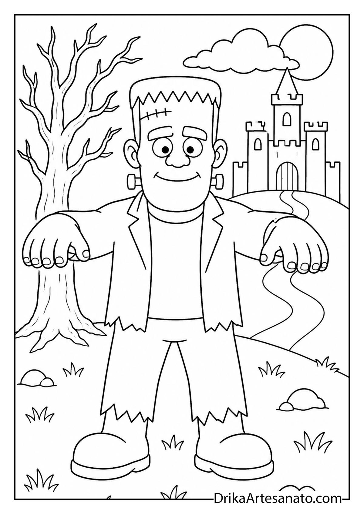 Frankenstein monster with arms outstretched before a castle coloring page