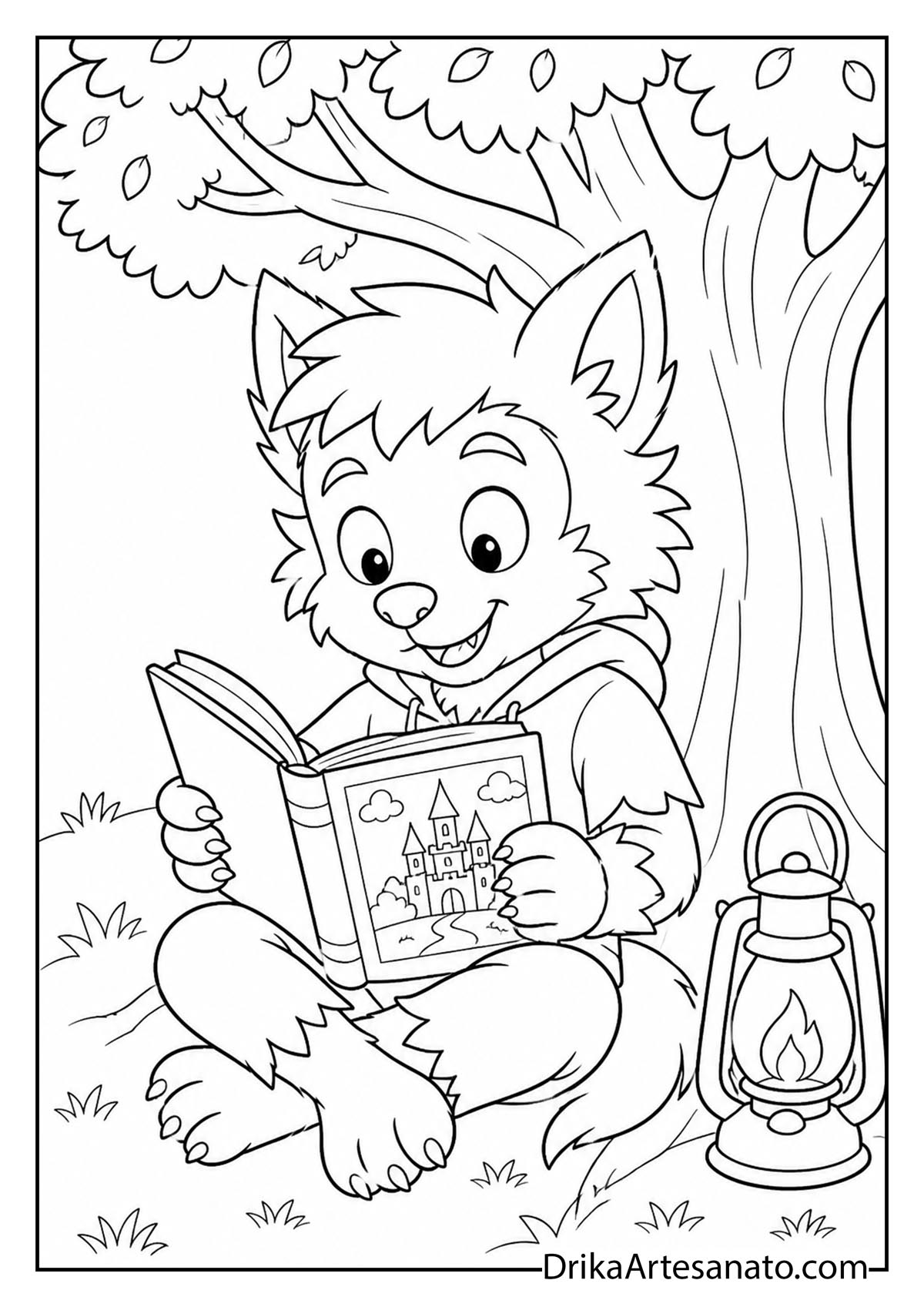 Cute werewolf pup reading a storybook under a leafy tree coloring page