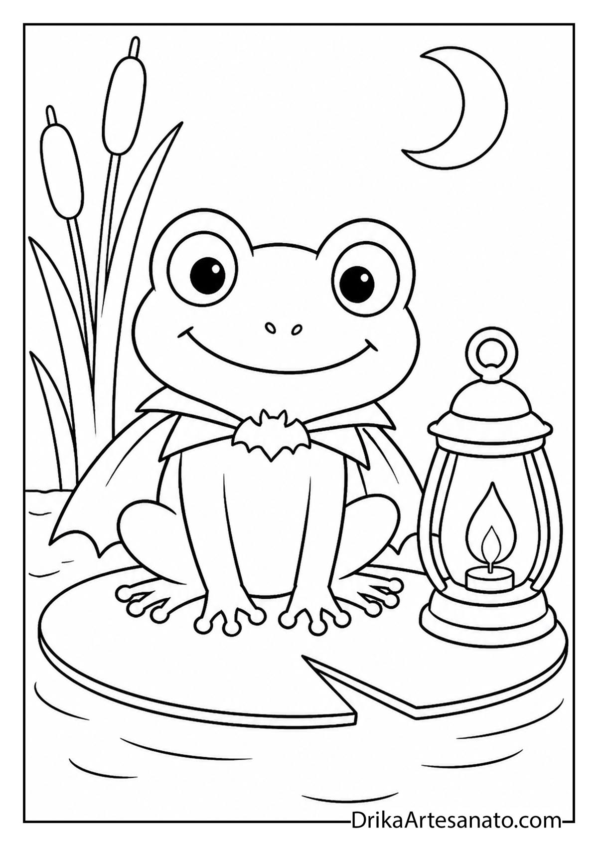 Cute frog in a bat cape sitting on a lily pad next to a lantern coloring page