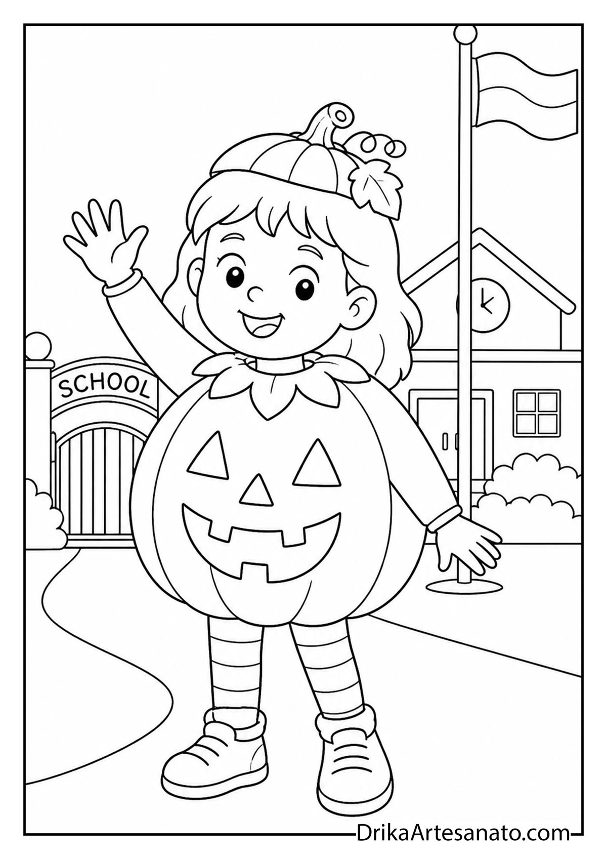 Girl dressed in round pumpkin costume waving in front of school coloring sheet