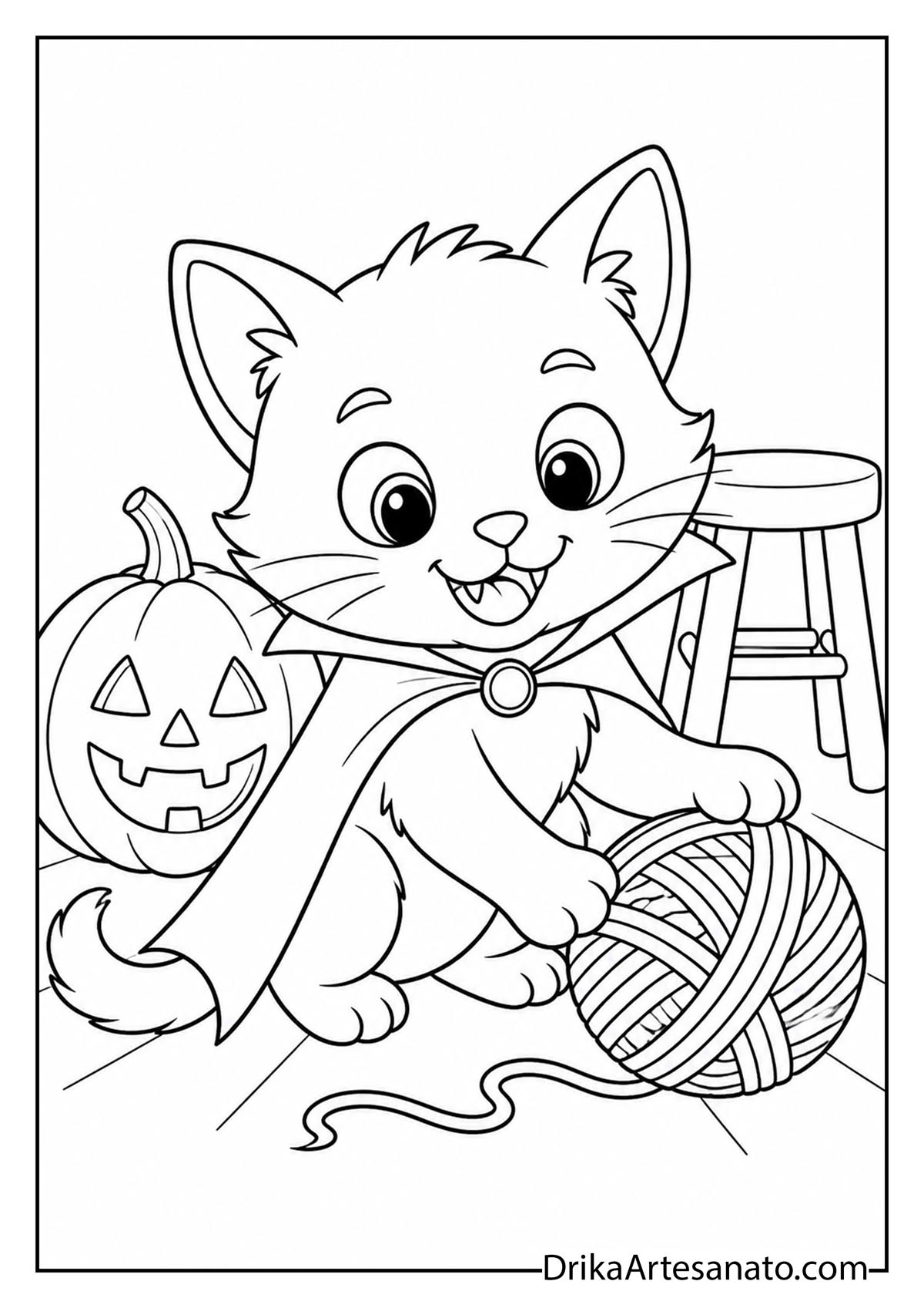 Cute cartoon kitten wearing a vampire cape playing with a ball of yarn next to a pumpkin line art