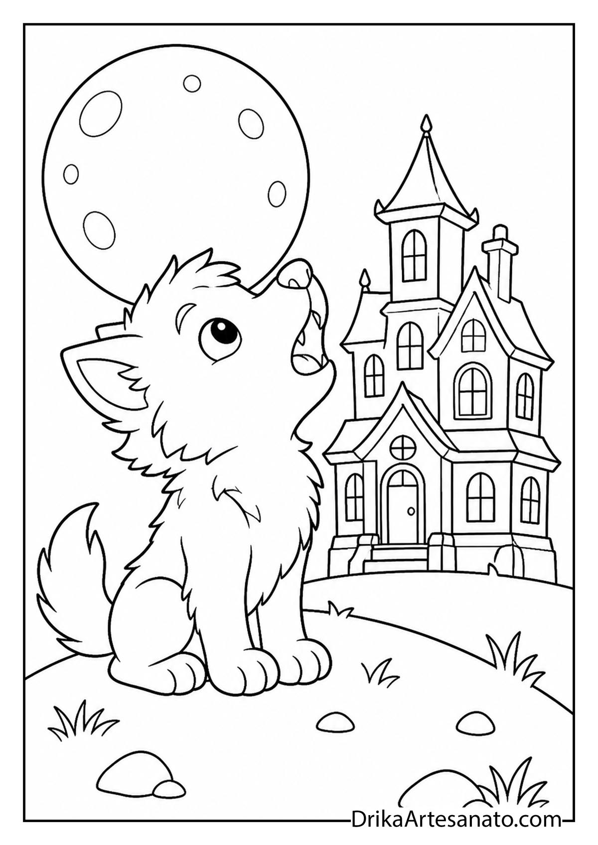 Cute little werewolf pup howling at the full moon beside a haunted house to color