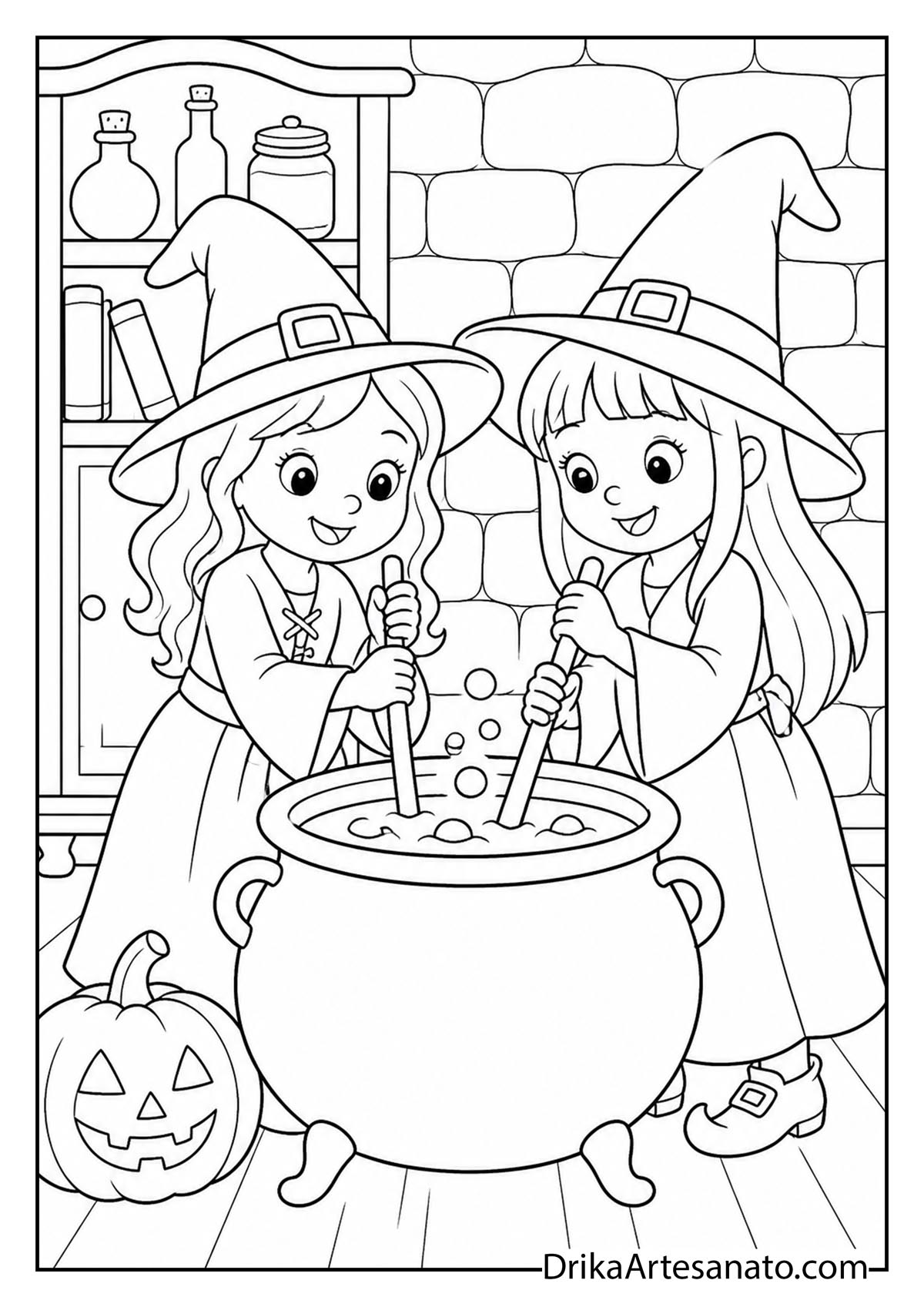 Two friendly witch sisters stirring a cauldron together printable coloring sheet