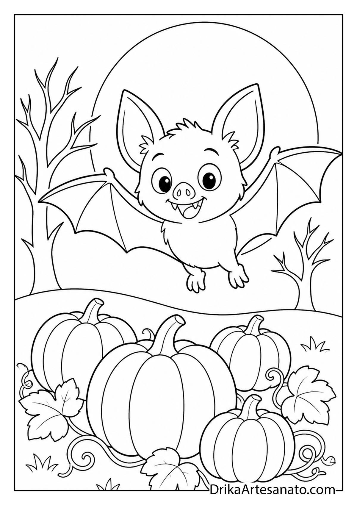 Happy bat flying over a pumpkin patch at night printable coloring sheet