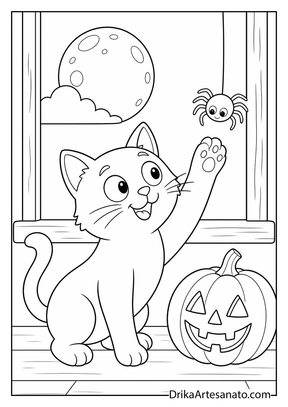 Curious cat on a windowsill reaching for a dangling spider beside a pumpkin to color