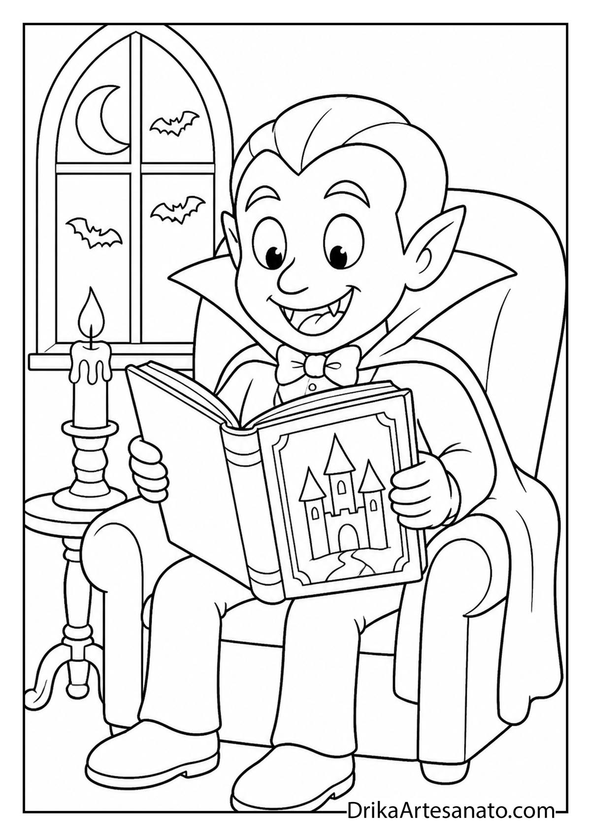 Cute cartoon vampire boy reading a storybook in an armchair next to a window coloring page