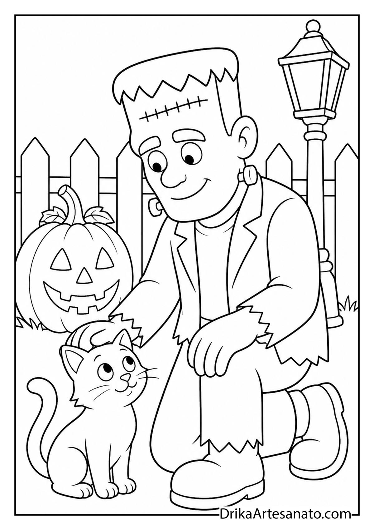 Gentle Frankenstein monster petting a sweet little kitten coloring sheet