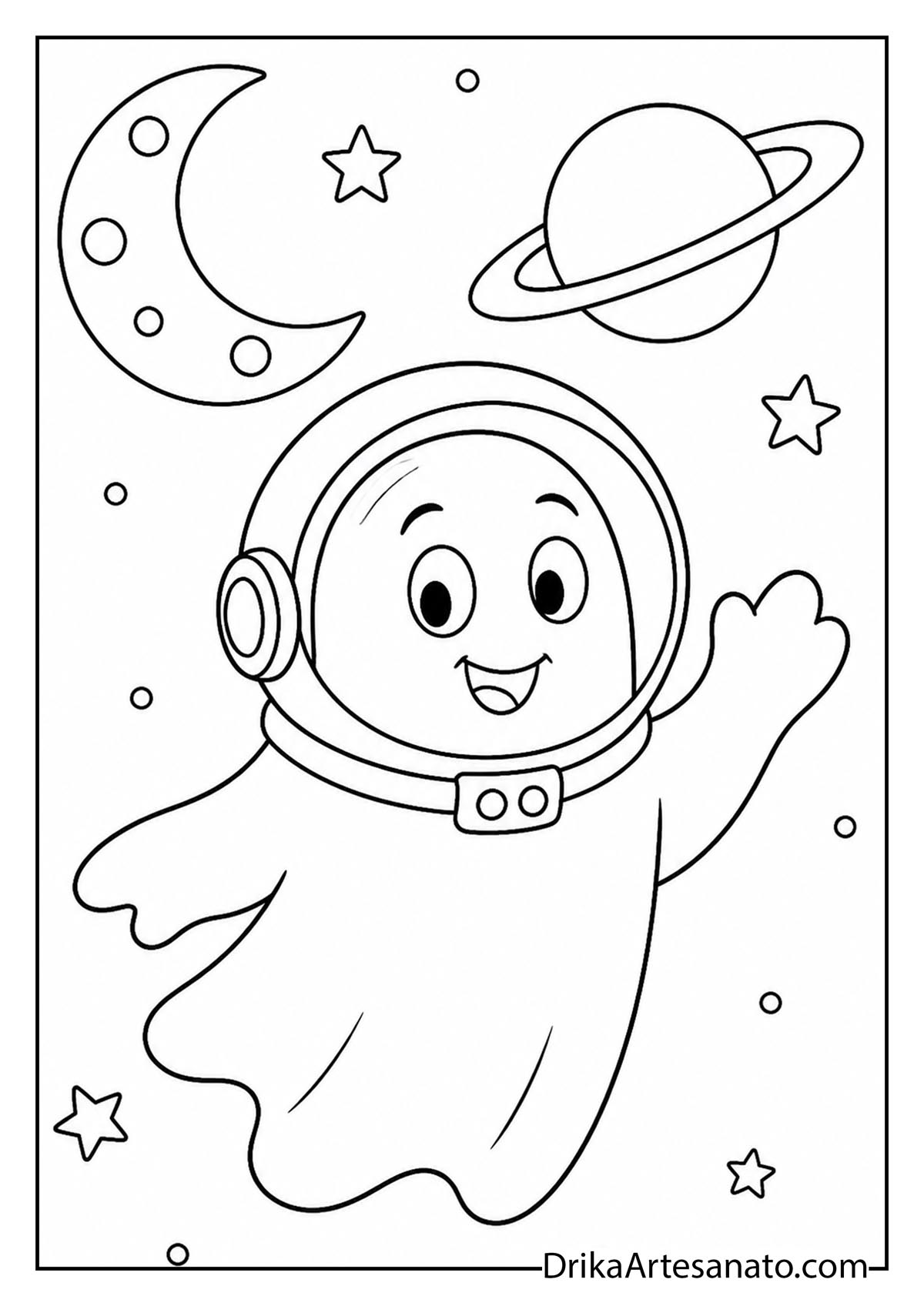 Cute astronaut ghost floating through outer space among planets and stars coloring page
