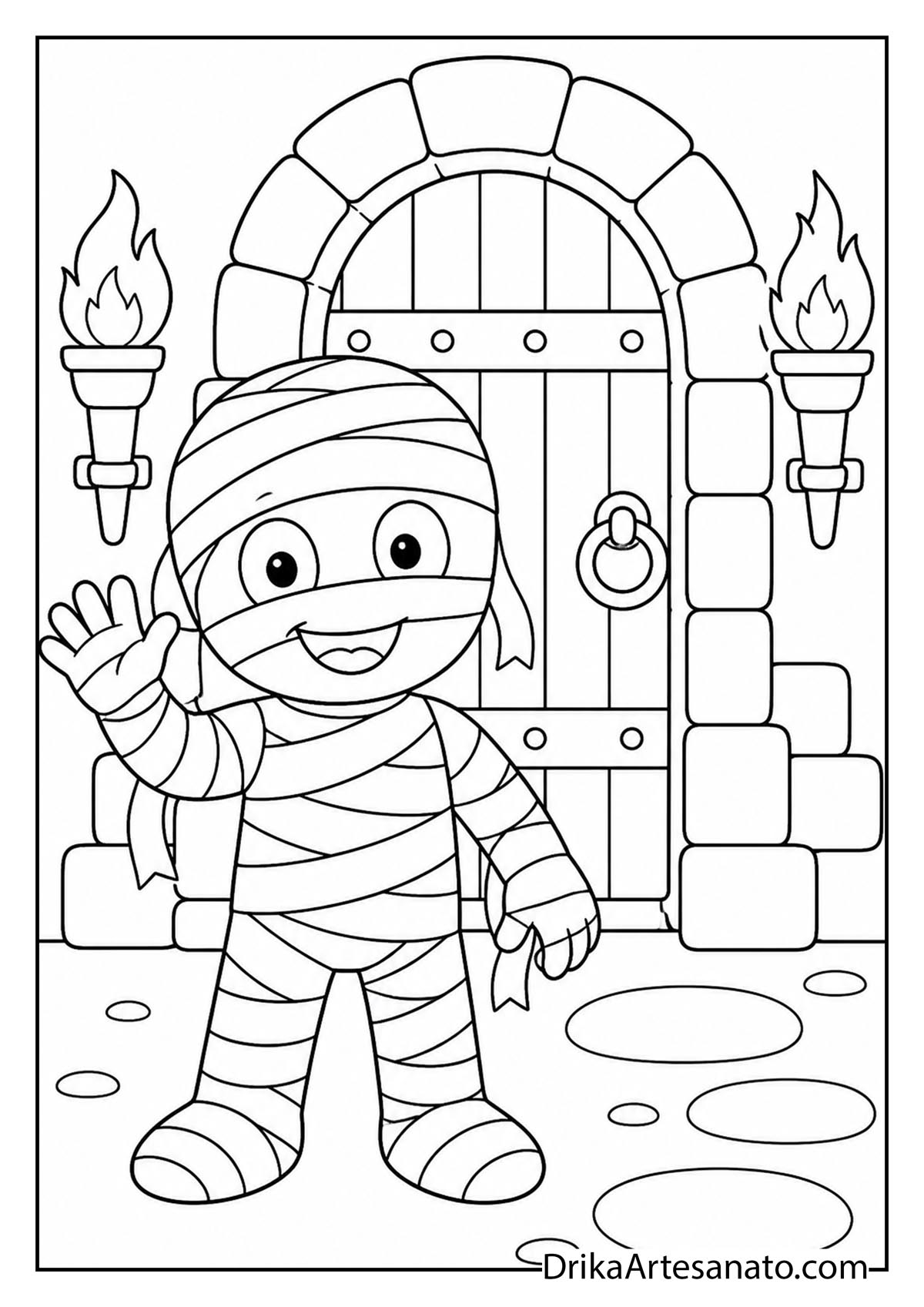 Cute mummy character waving beside a castle door and burning torches coloring page