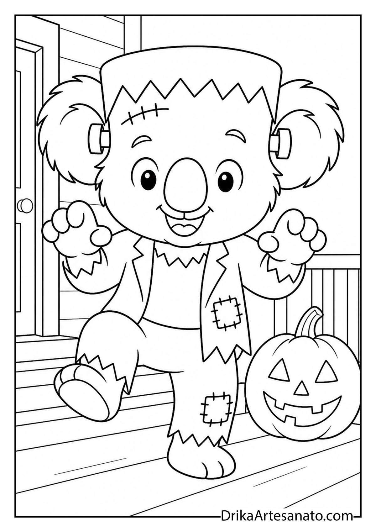 Cute koala dressed in a Frankenstein monster costume printable coloring sheet