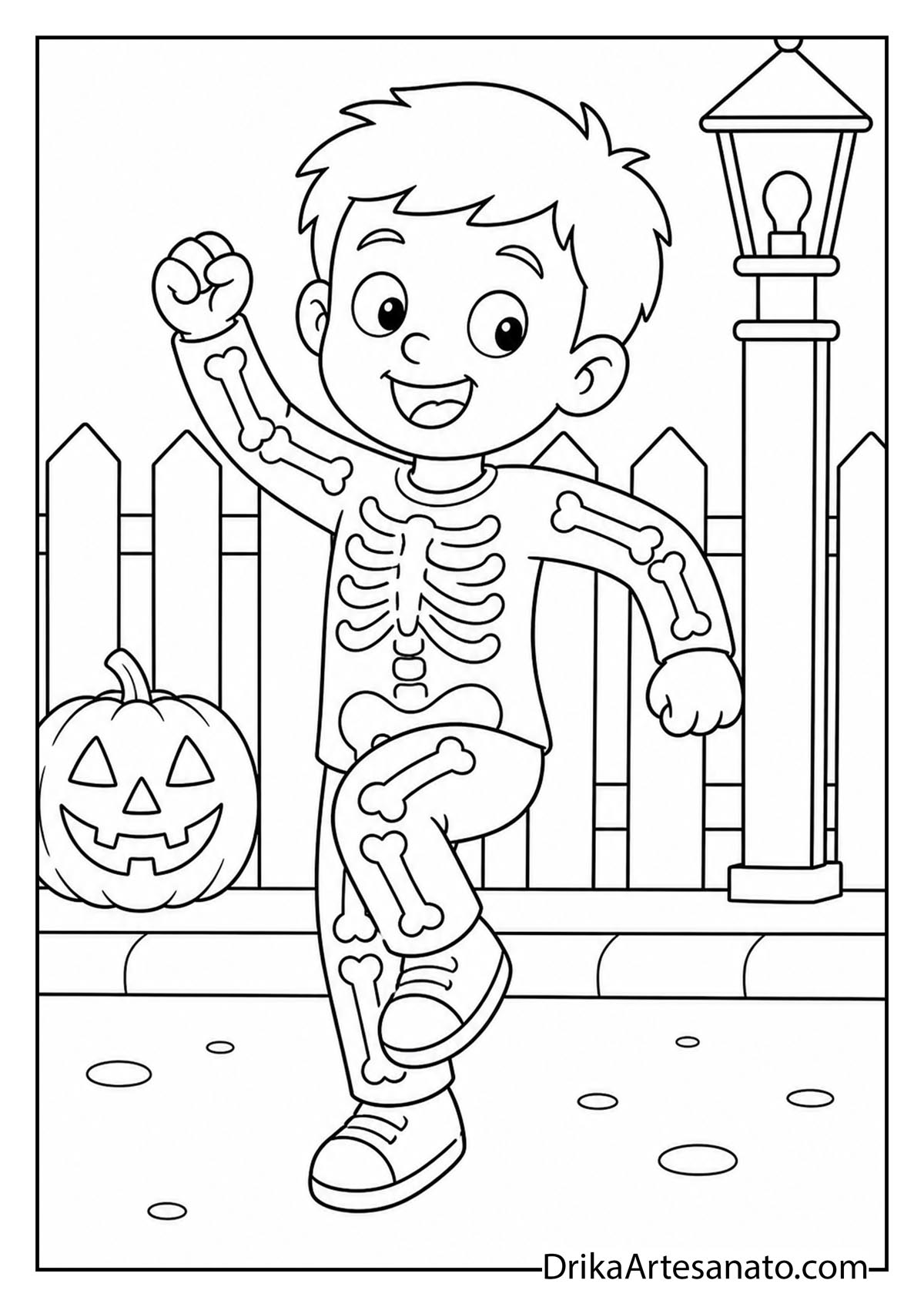 Boy dancing in skeleton costume beside pumpkin and fence coloring page