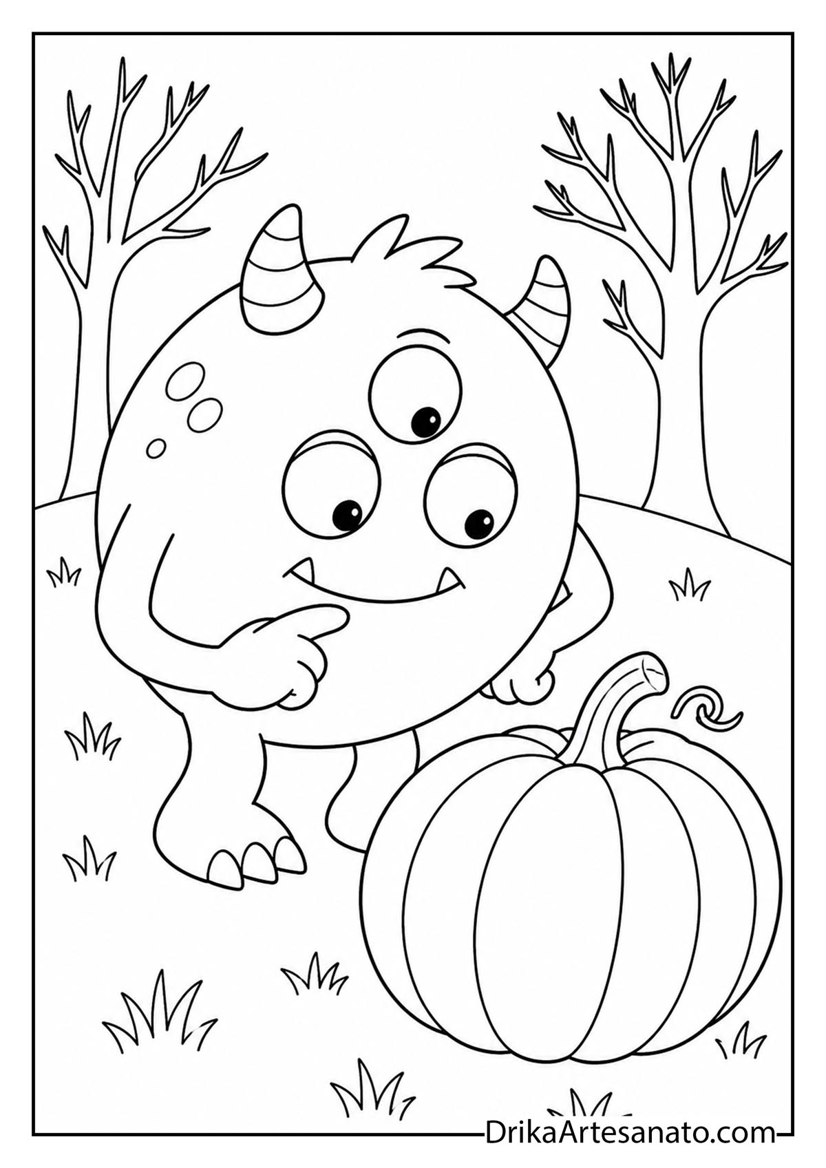 Cute three-eyed monster looking at a big pumpkin in a field printable coloring page