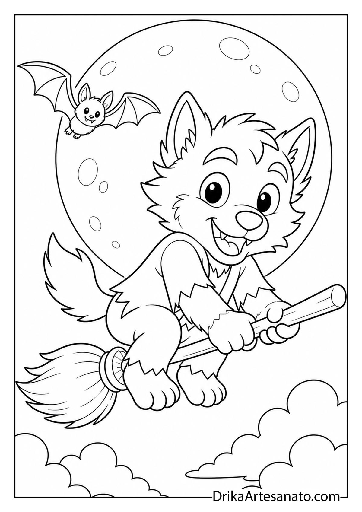 Werewolf pup flying on a broomstick in front of a full moon to color