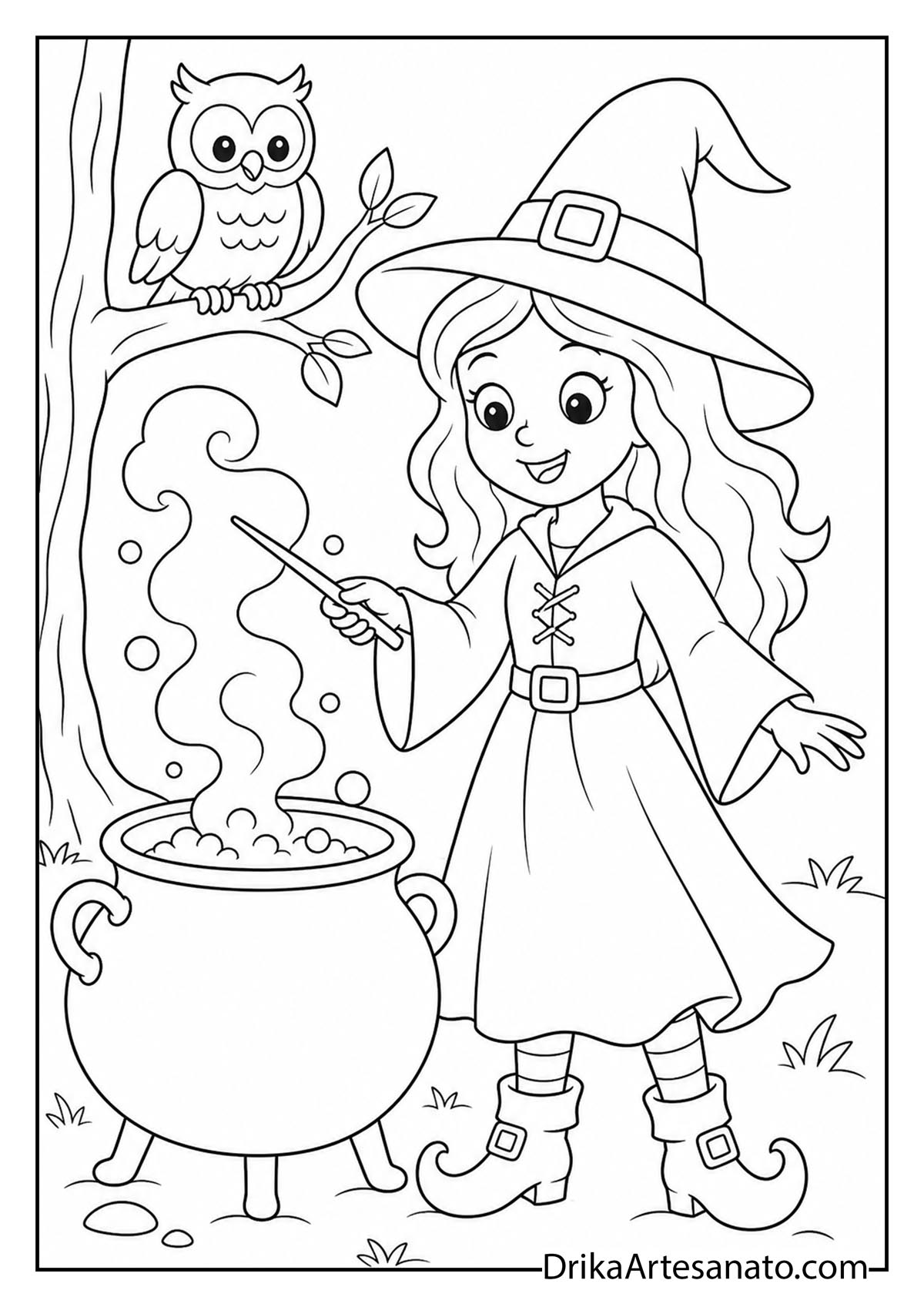 Cute witch with magic wand and cauldron next to an owl in a tree coloring page