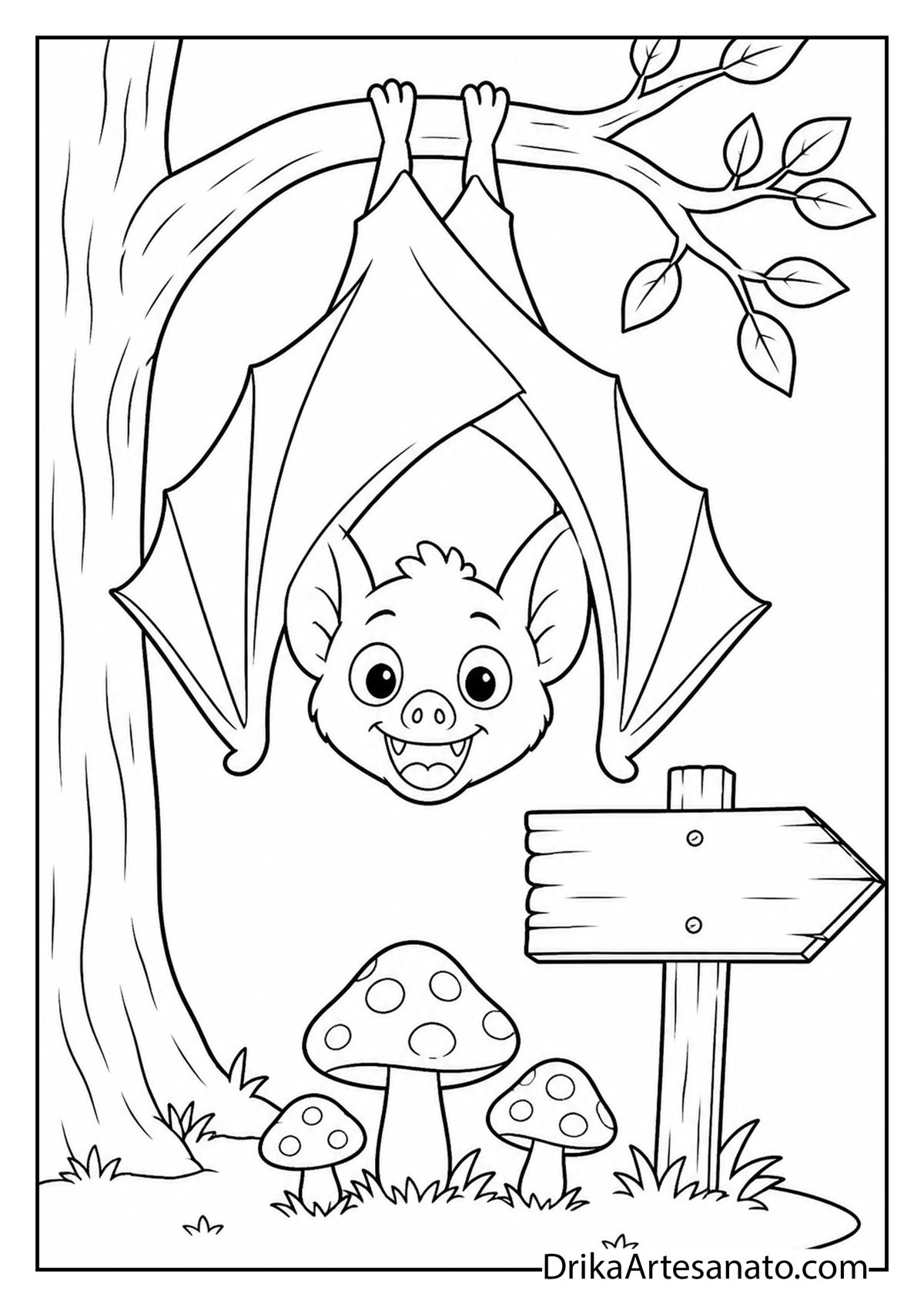 Cute smiling bat hanging from a tree branch above spotted mushrooms coloring sheet
