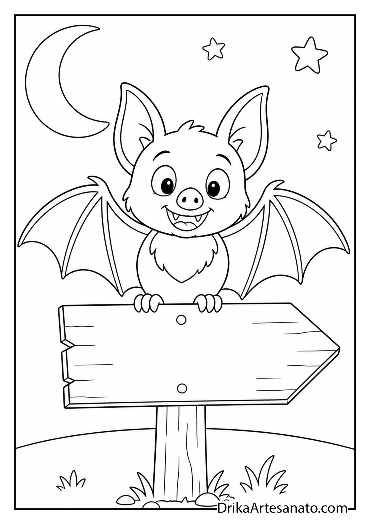 Cute bat perched on a wooden arrow signpost at night coloring page