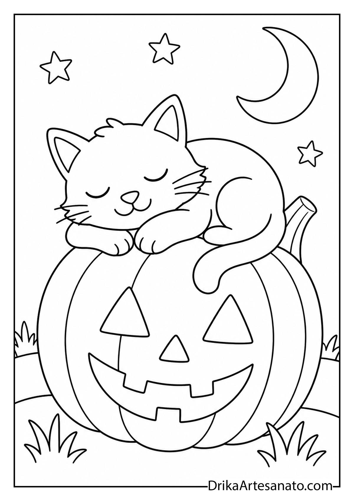 Sleeping cat resting on top of a carved pumpkin under a crescent moon coloring page