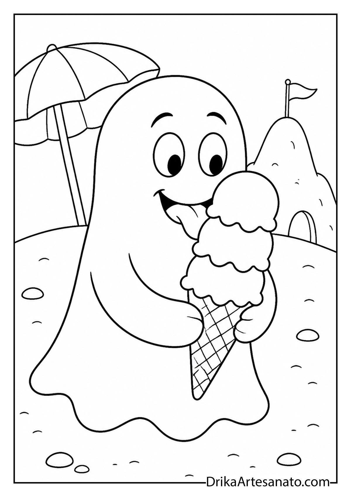 Silly ghost licking a giant triple-scoop ice cream cone on the beach coloring page