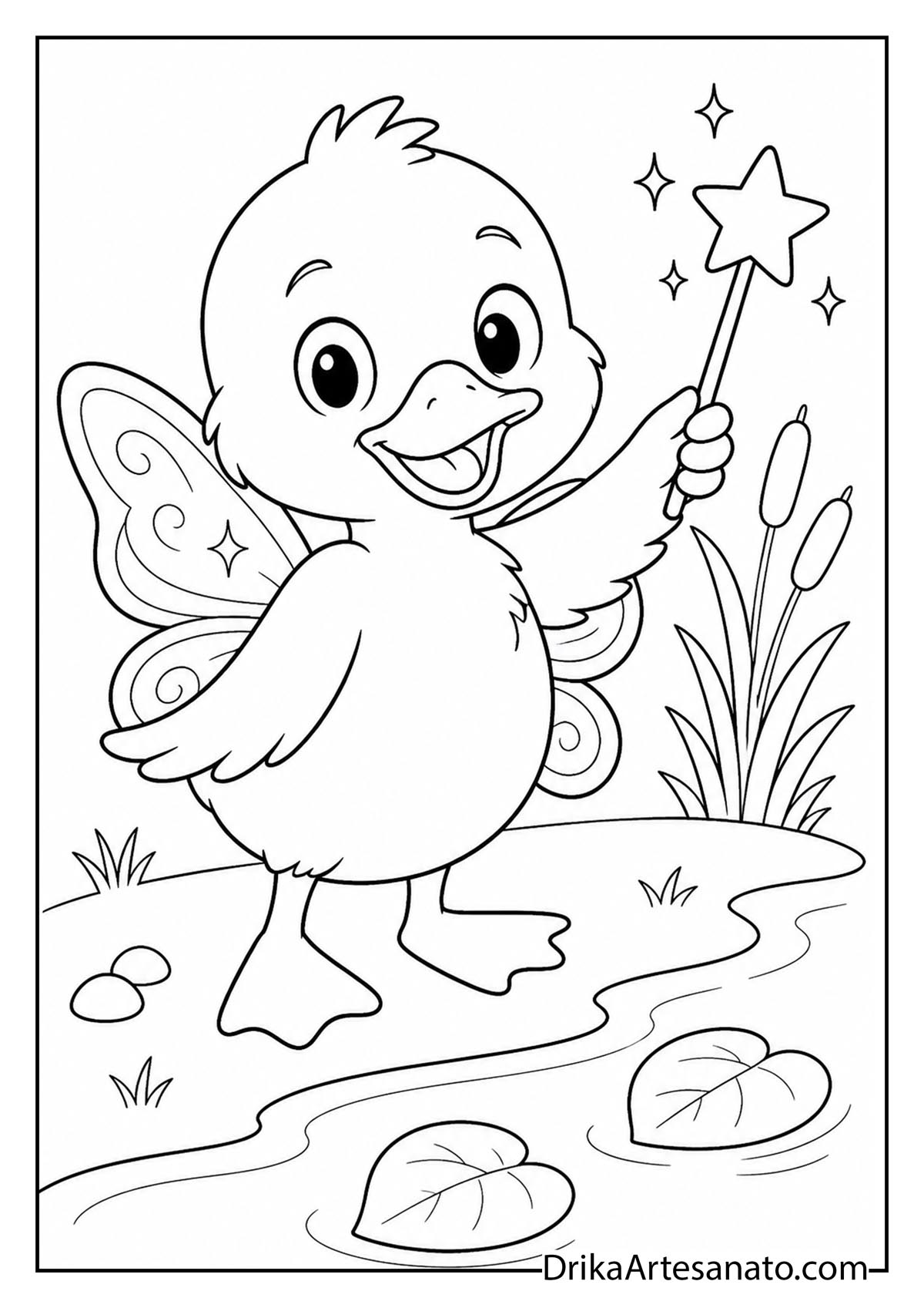 Cute duckling dressed as a fairy holding a star magic wand coloring page