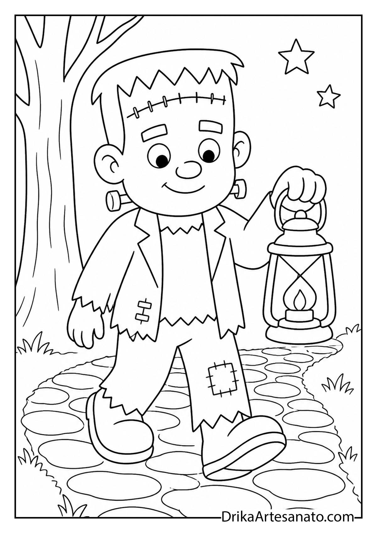 Friendly Frankenstein carrying a lantern along a stone path coloring sheet