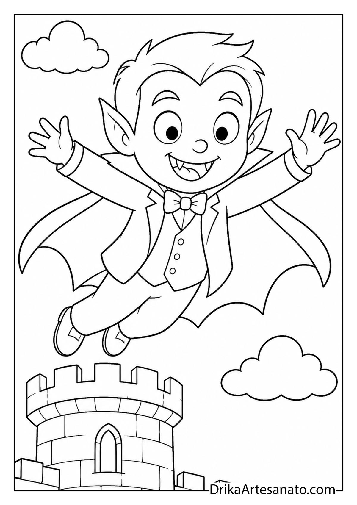 Cute cartoon vampire boy happily flying in the sky above a stone castle tower coloring sheet