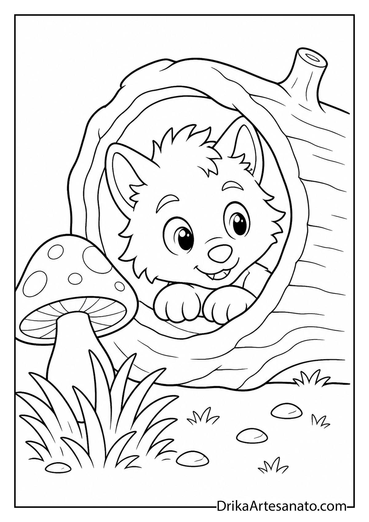 Baby werewolf pup peeking out from a hollow tree log coloring page