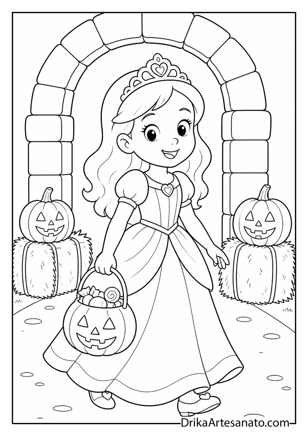 Cute princess holding candy bucket under stone archway coloring printable