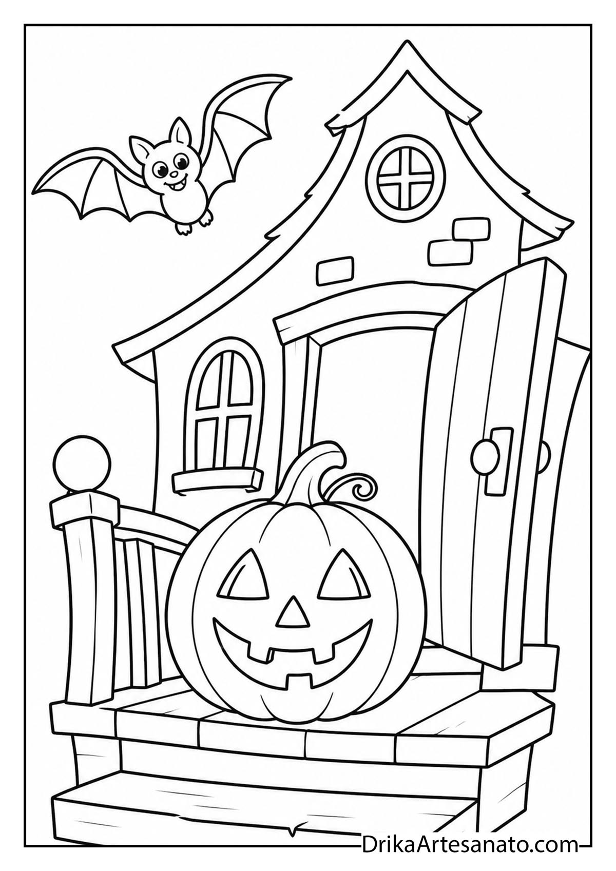 Smiling jack-o-lantern on haunted house porch steps with a bat flying coloring page