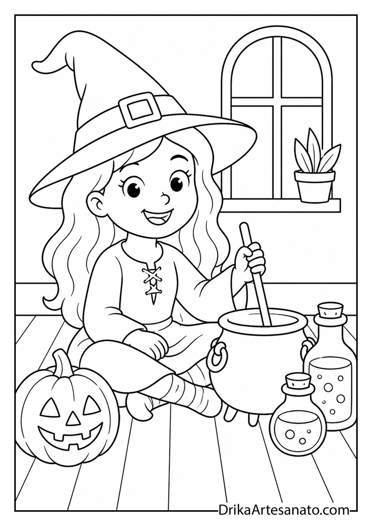 Little witch sitting on the floor stirring a small cauldron coloring printable